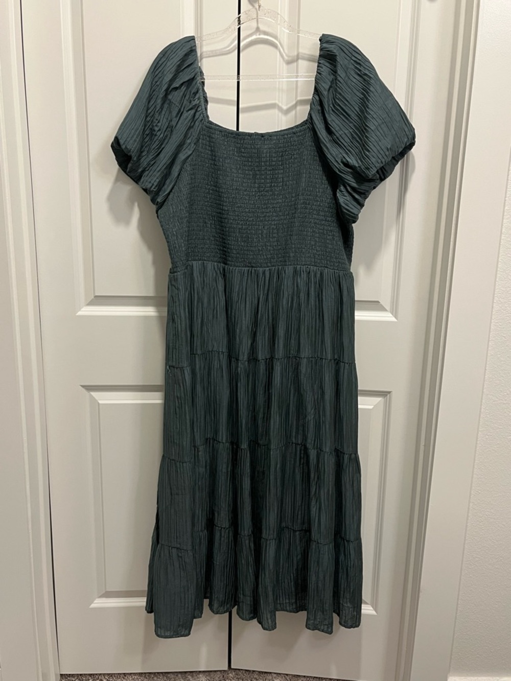 Olive Green Crinkled Tiered Midi Dress Smocked Puff-Sleeve Plus Size 3X Wedding